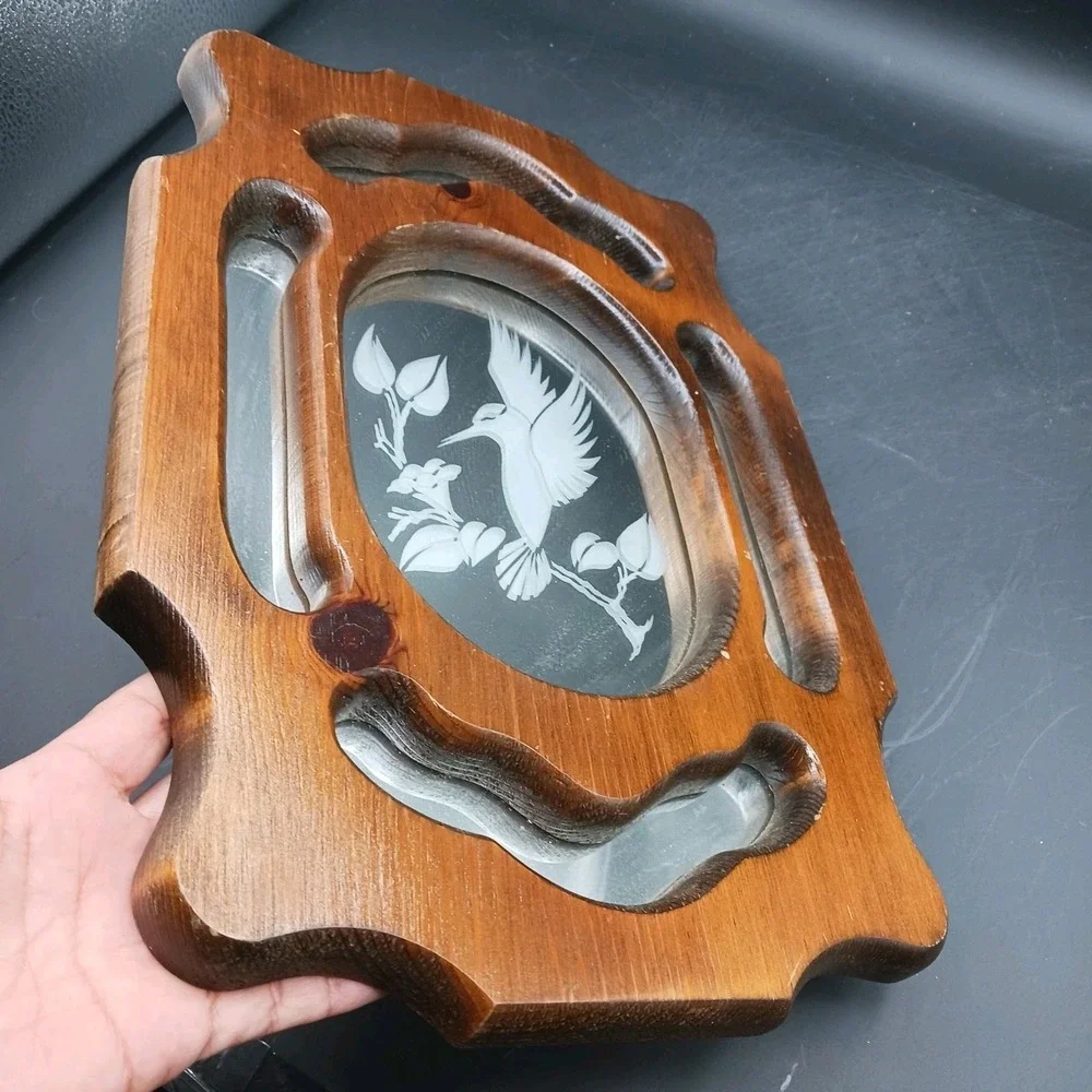 Vintage Wood mirror wall art acid etched w hummingbird & trumpet vine 15x11x1